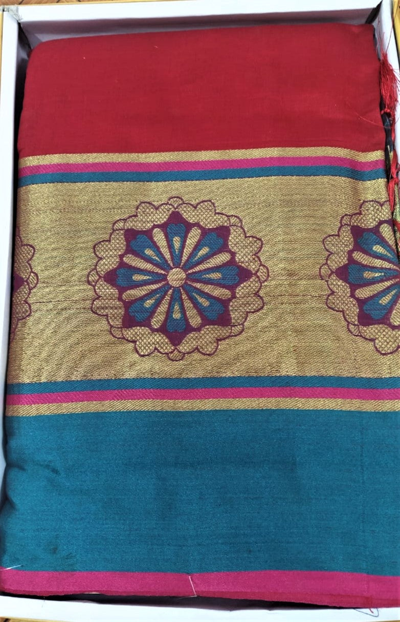 Cotton Silk Sarees (Red with Blue border)