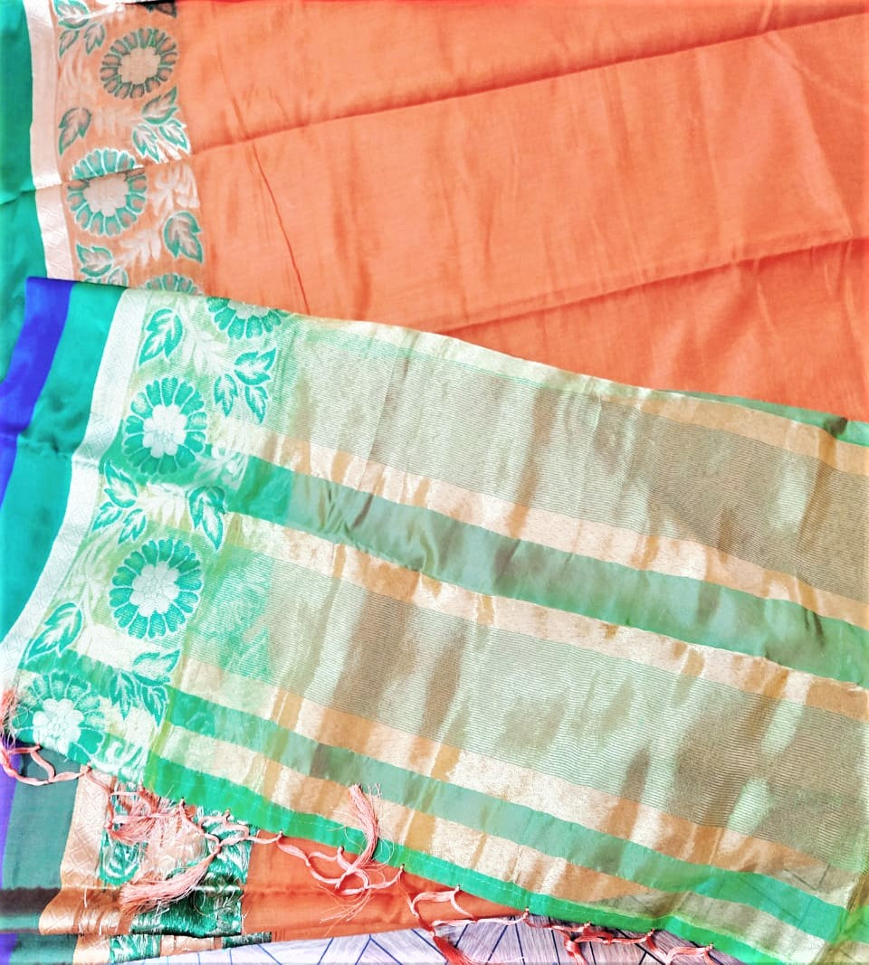 Cotton Silk Saree (Orange with Blue border)