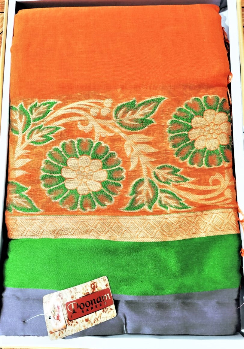 Cotton Silk Saree (Orange with Blue border)