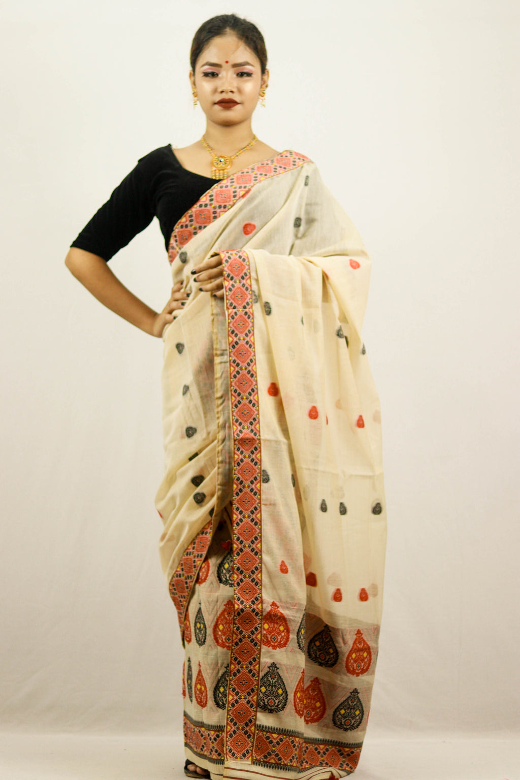 Assamese Mekhela Chador Silk Cream White Designer | MugaSilk