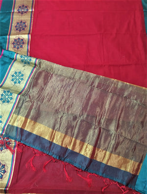 Cotton Silk Sarees (Red with Blue border)