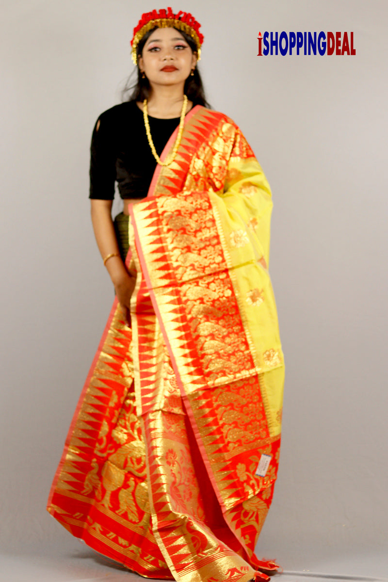 Manipuri Yellow Shiny Raniphee With Red Border – iShoppingDeal