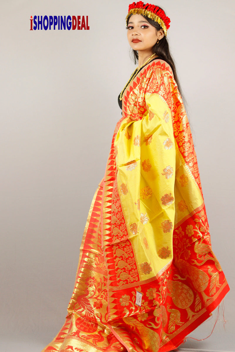 Manipuri Yellow Shiny Raniphee With Red Border – iShoppingDeal